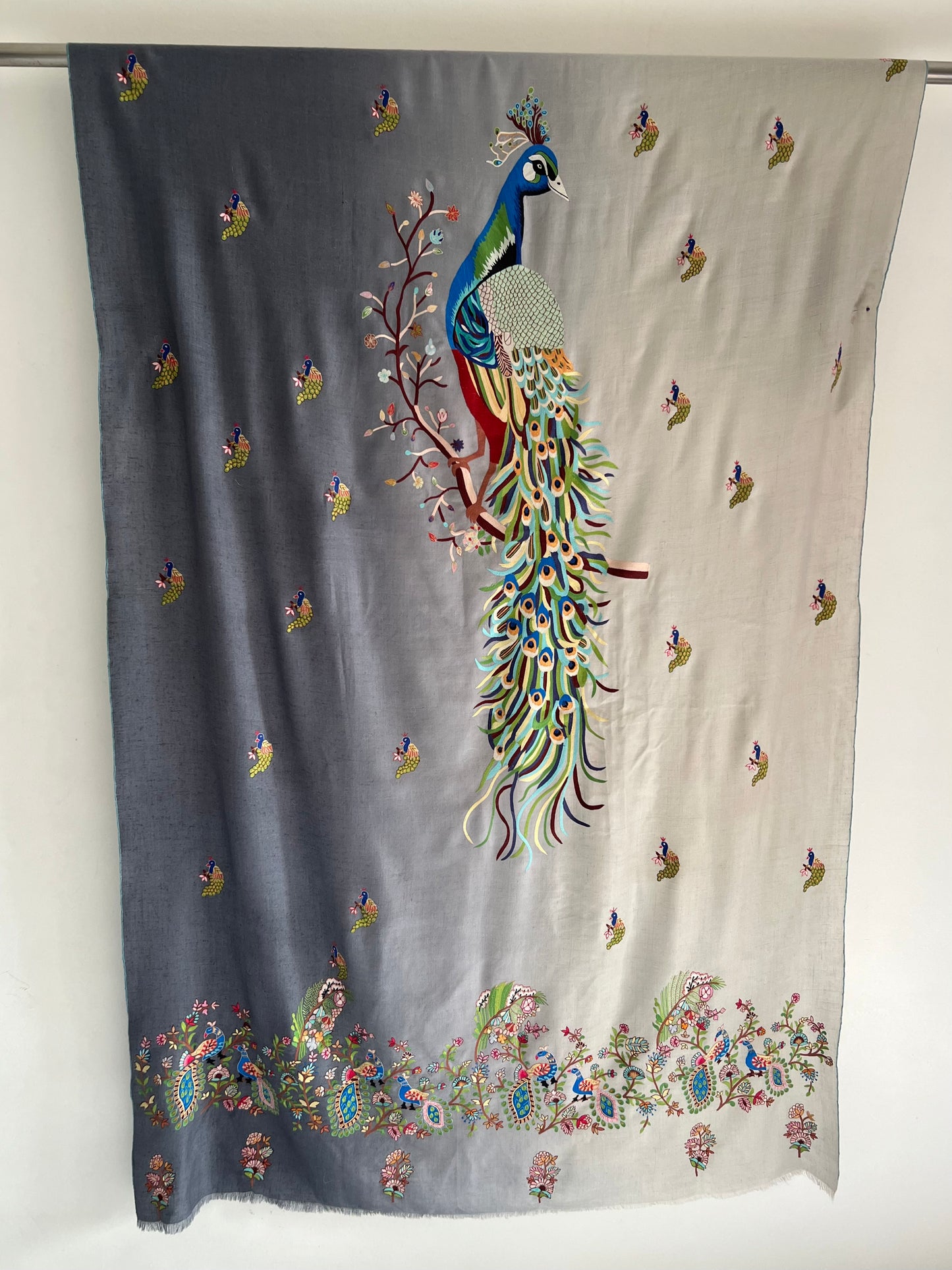 Pashmina ombre Shades of Grey Peacock Kalmkari Hand embroidery shawl