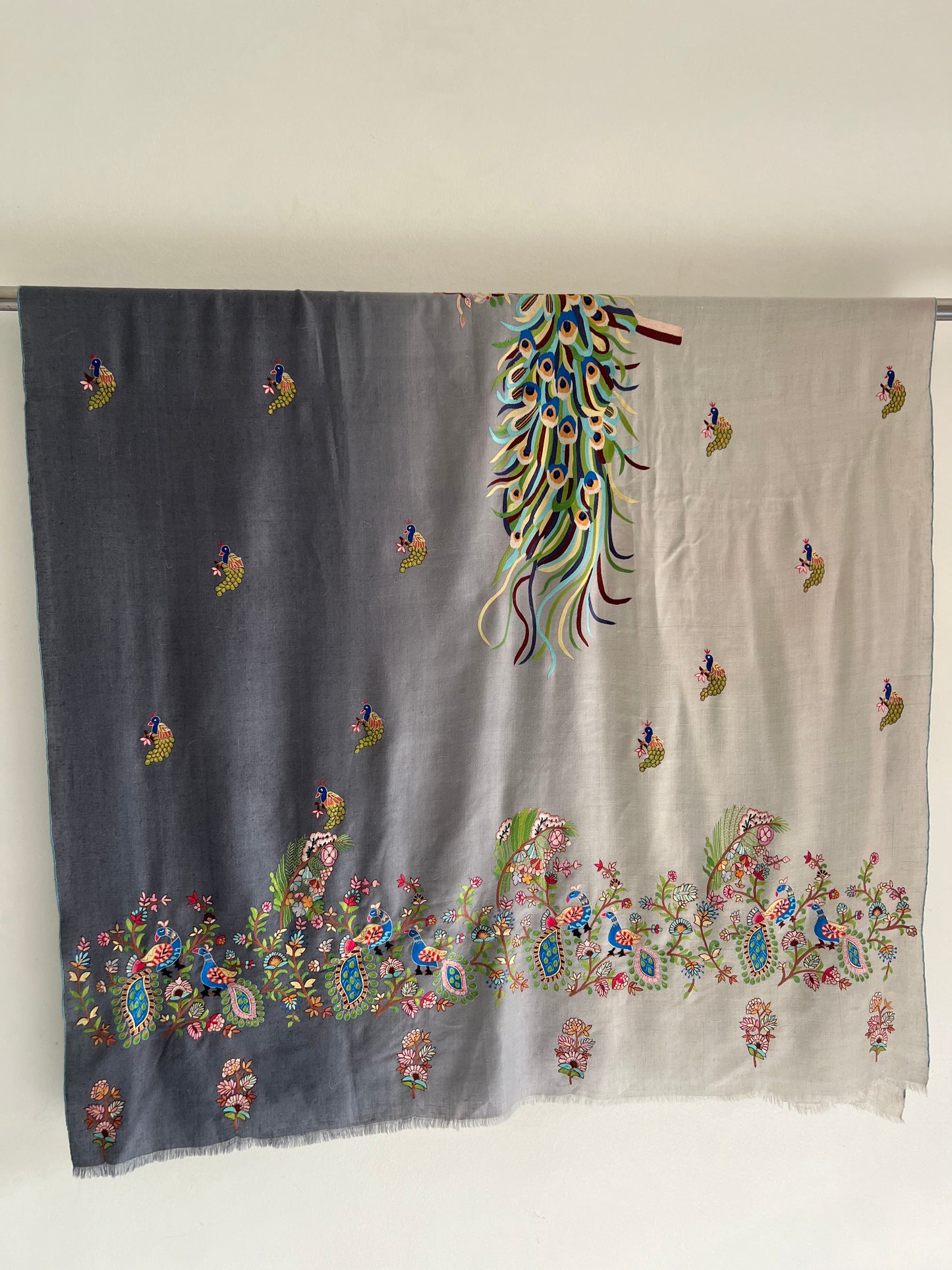 Pashmina ombre Shades of Grey Peacock Kalmkari Hand embroidery shawl