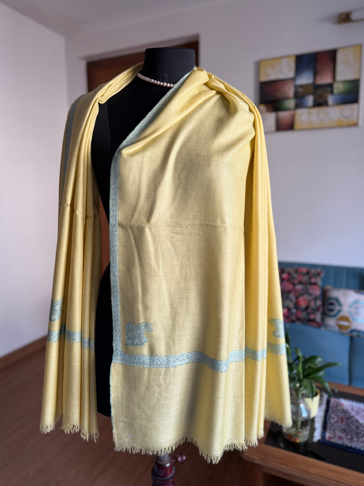 Pashmina Handloom Mustard sozni Embroidery shawl 101 x 204 Cm