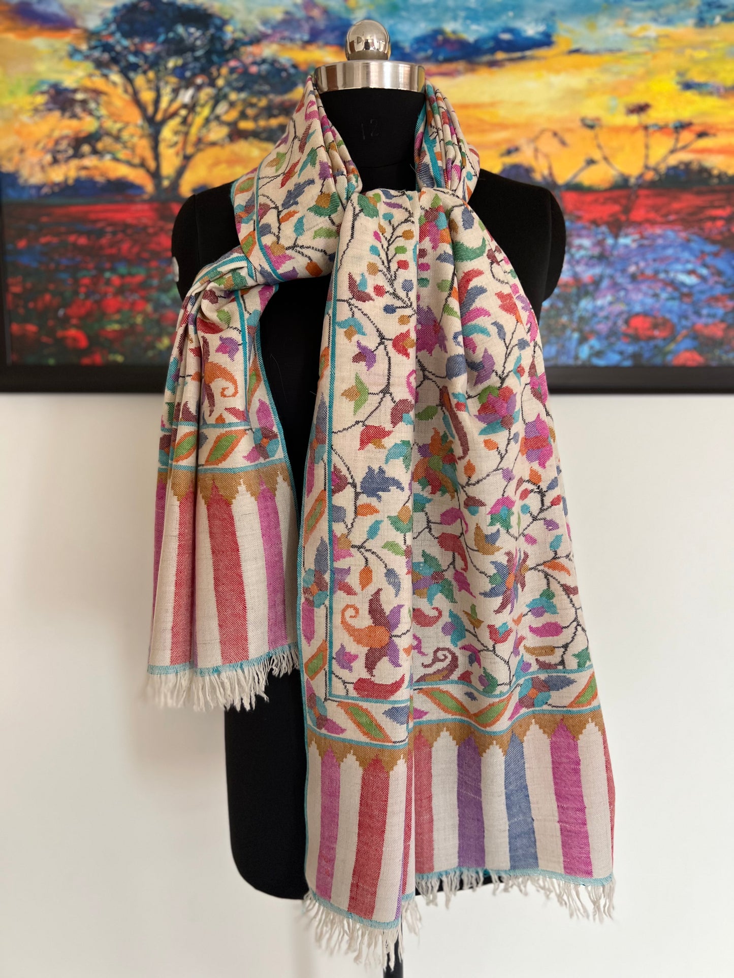 Kani Jamawar Shawl – Pure Handloom Pashmina Ivory