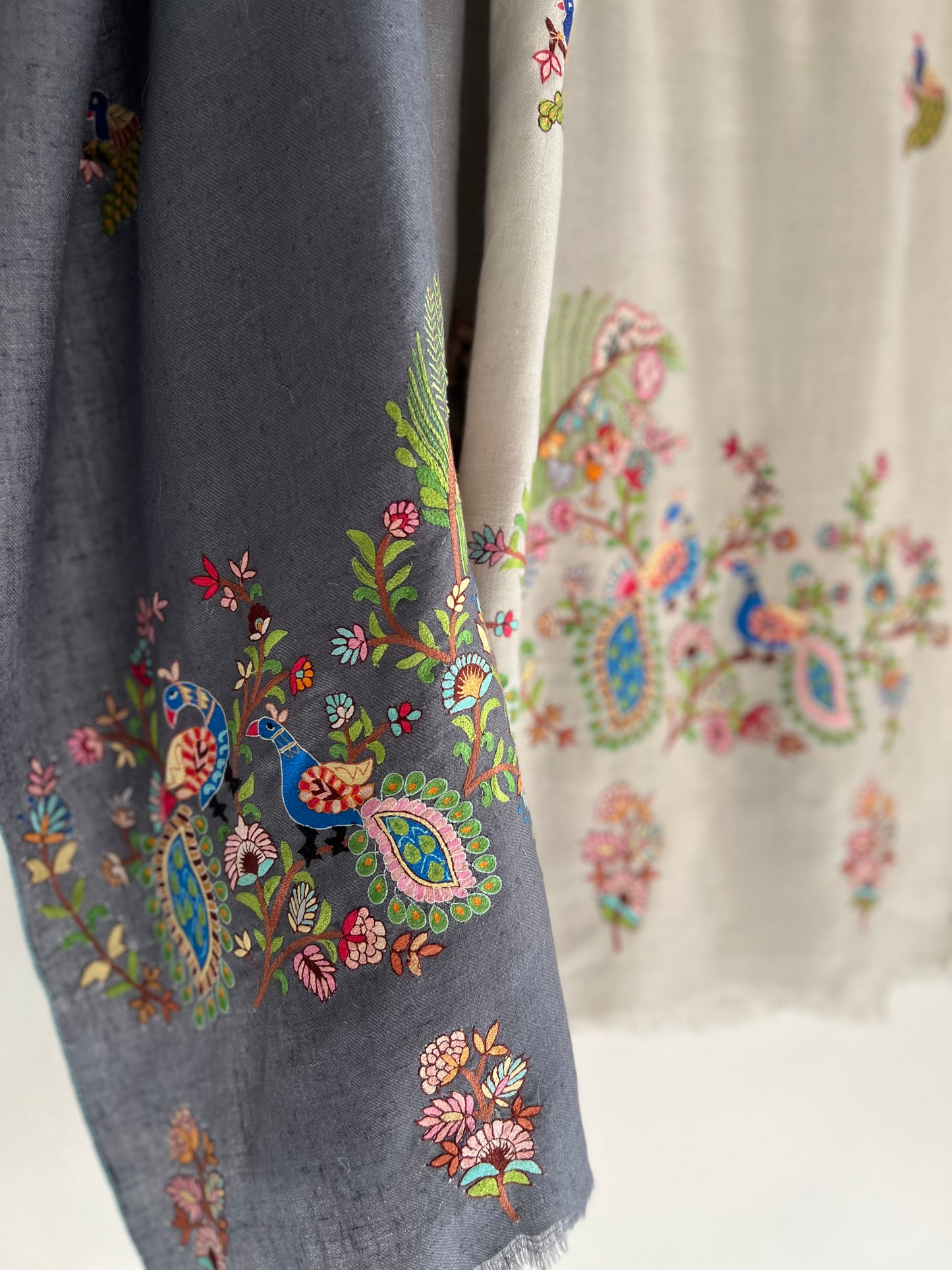 Pashmina ombre Shades of Grey Peacock Kalmkari Hand embroidery shawl
