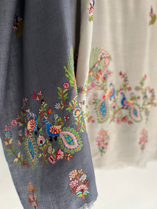 Pashmina ombre Shades of Grey Peacock Kalmkari Hand embroidery shawl