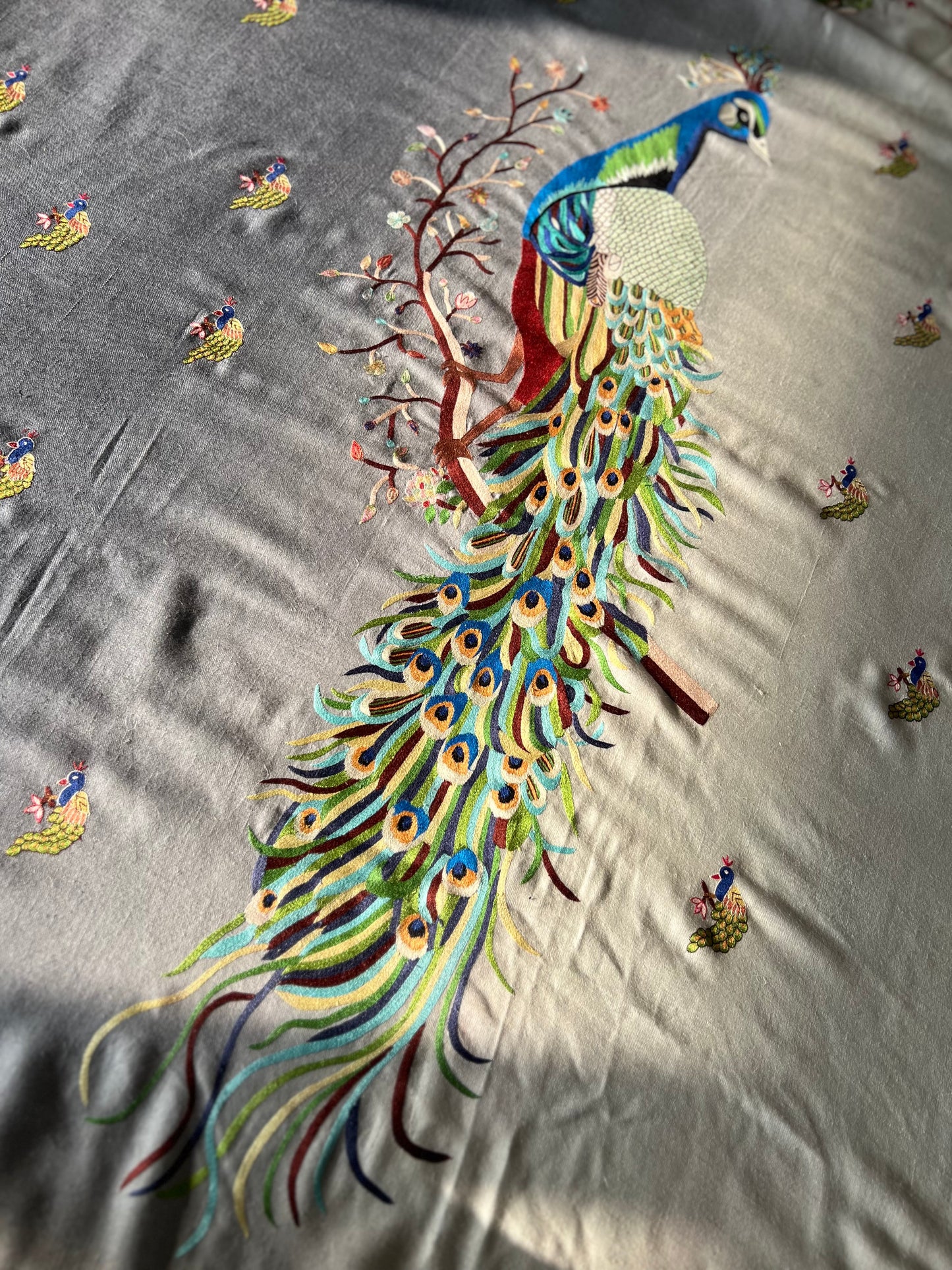 Pashmina ombre Shades of Grey Peacock Kalmkari Hand embroidery shawl