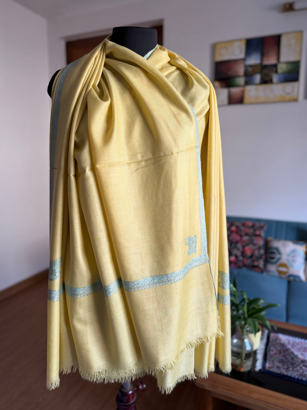 Pashmina Handloom Mustard sozni Embroidery shawl 101 x 204 Cm