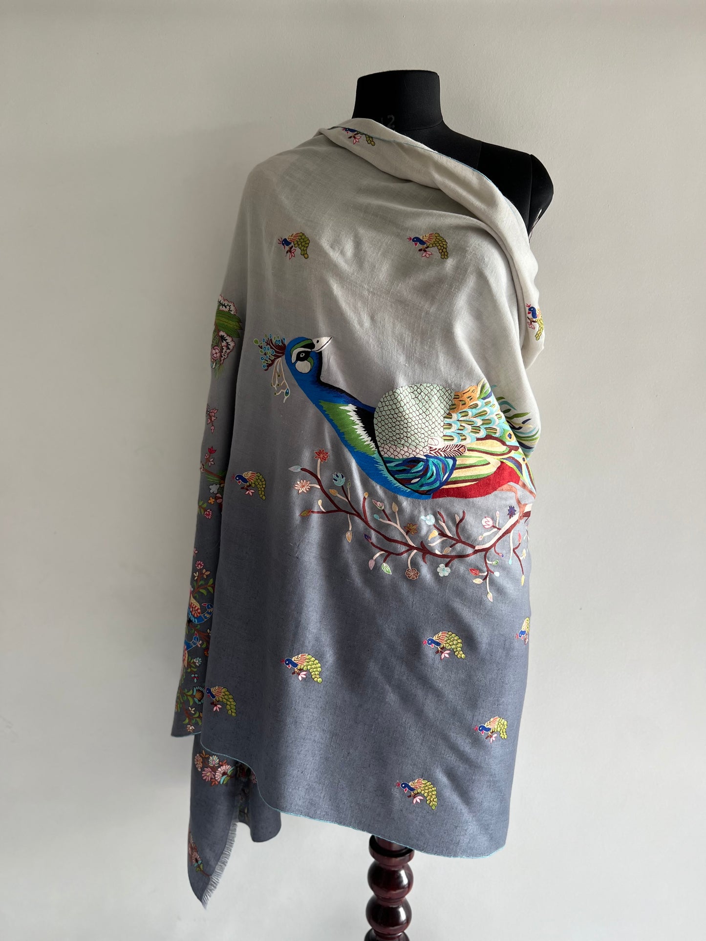 Pashmina ombre Shades of Grey Peacock Kalmkari Hand embroidery shawl