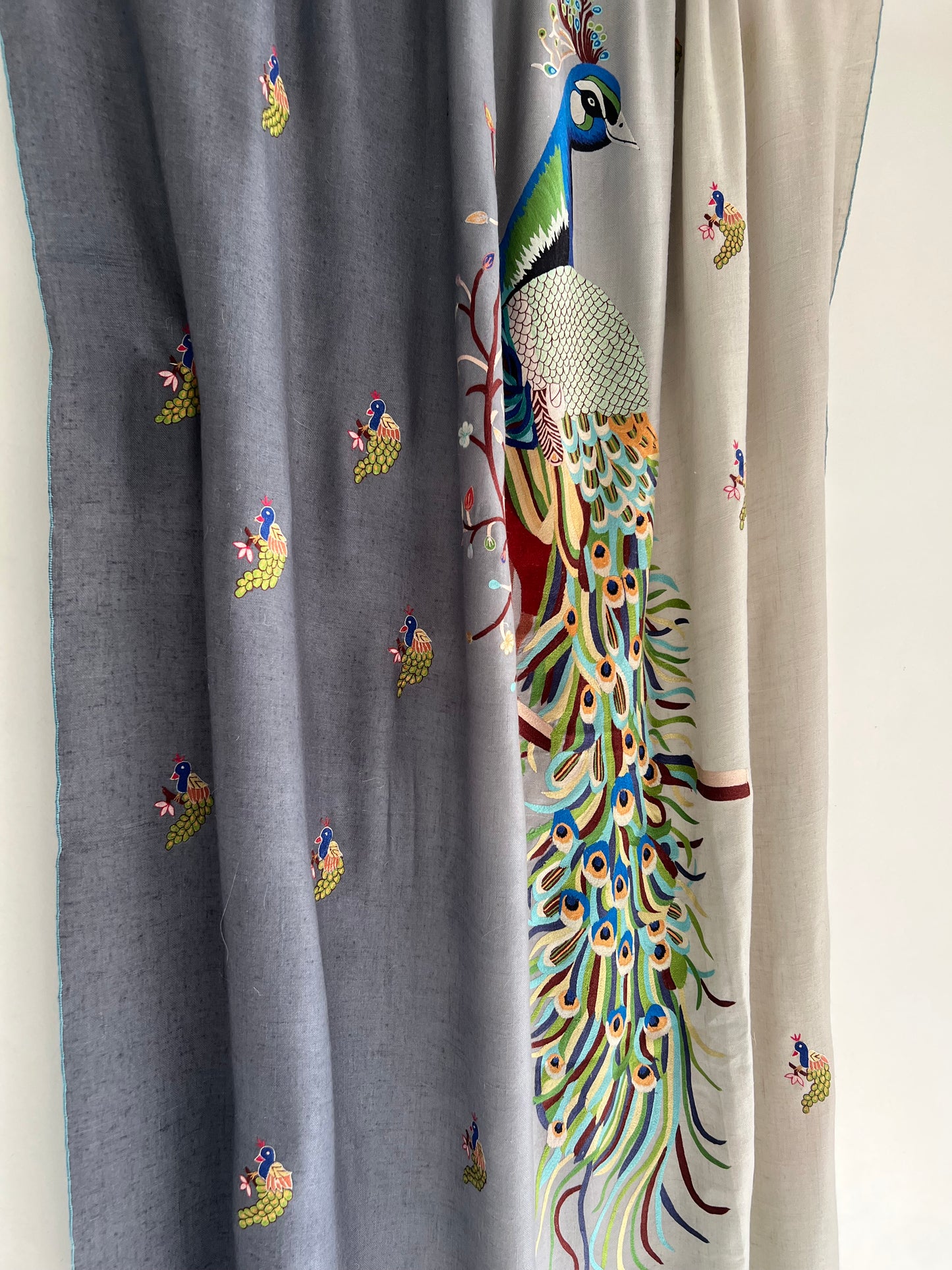 Pashmina ombre Shades of Grey Peacock Kalmkari Hand embroidery shawl