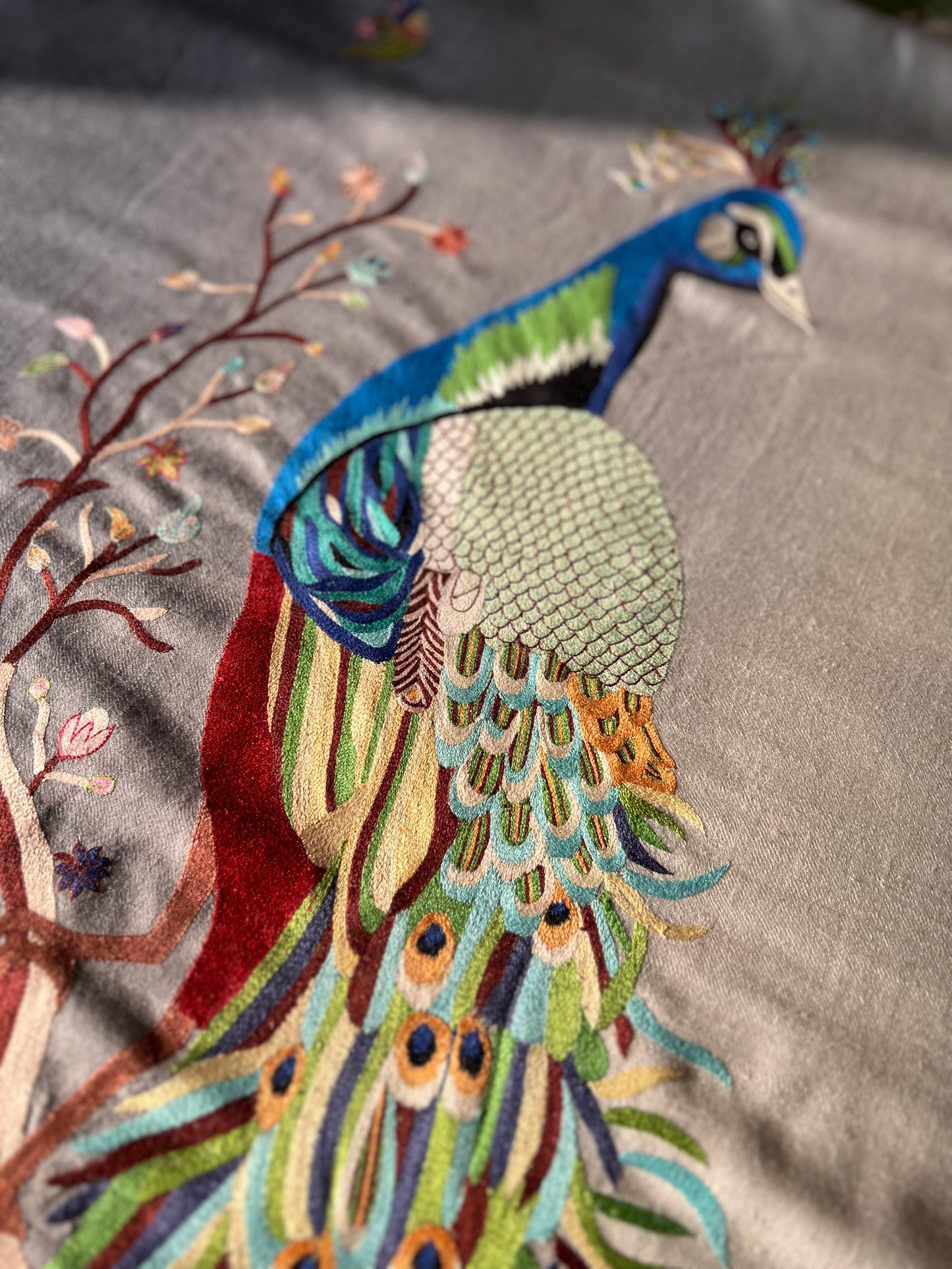 Pashmina ombre Shades of Grey Peacock Kalmkari Hand embroidery shawl