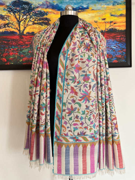 Kani Jamawar Shawl – Pure Handloom Pashmina Ivory