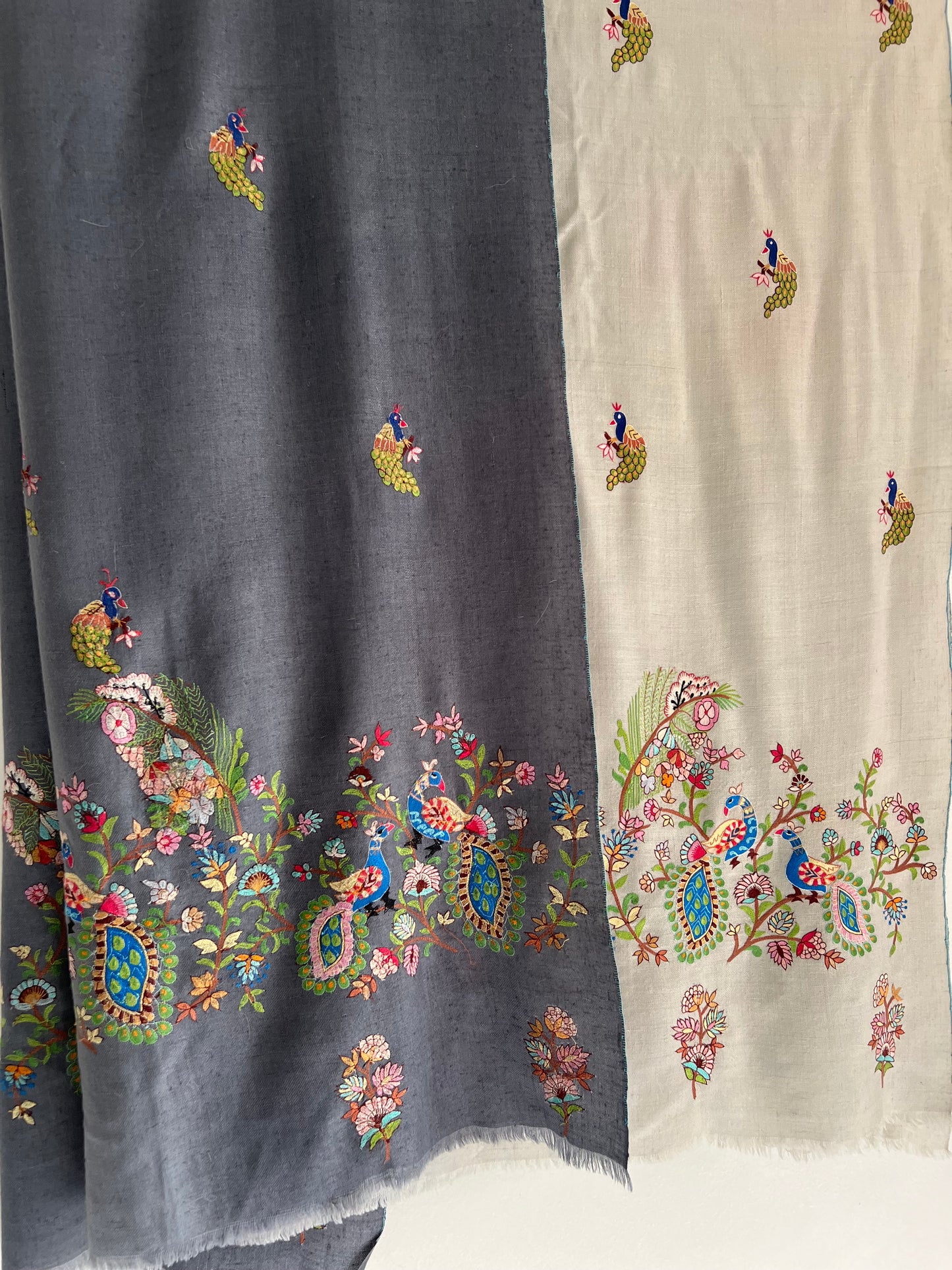 Pashmina ombre Shades of Grey Peacock Kalmkari Hand embroidery shawl