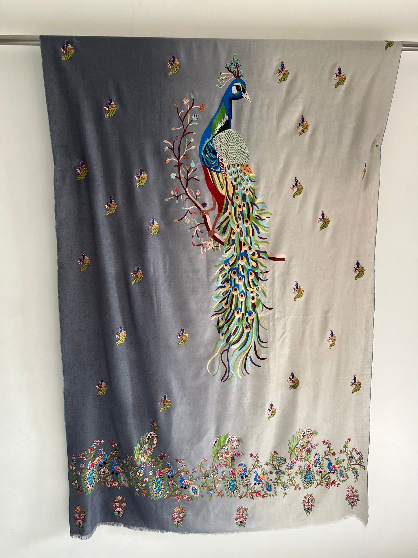 Pashmina ombre Shades of Grey Peacock Kalmkari Hand embroidery shawl