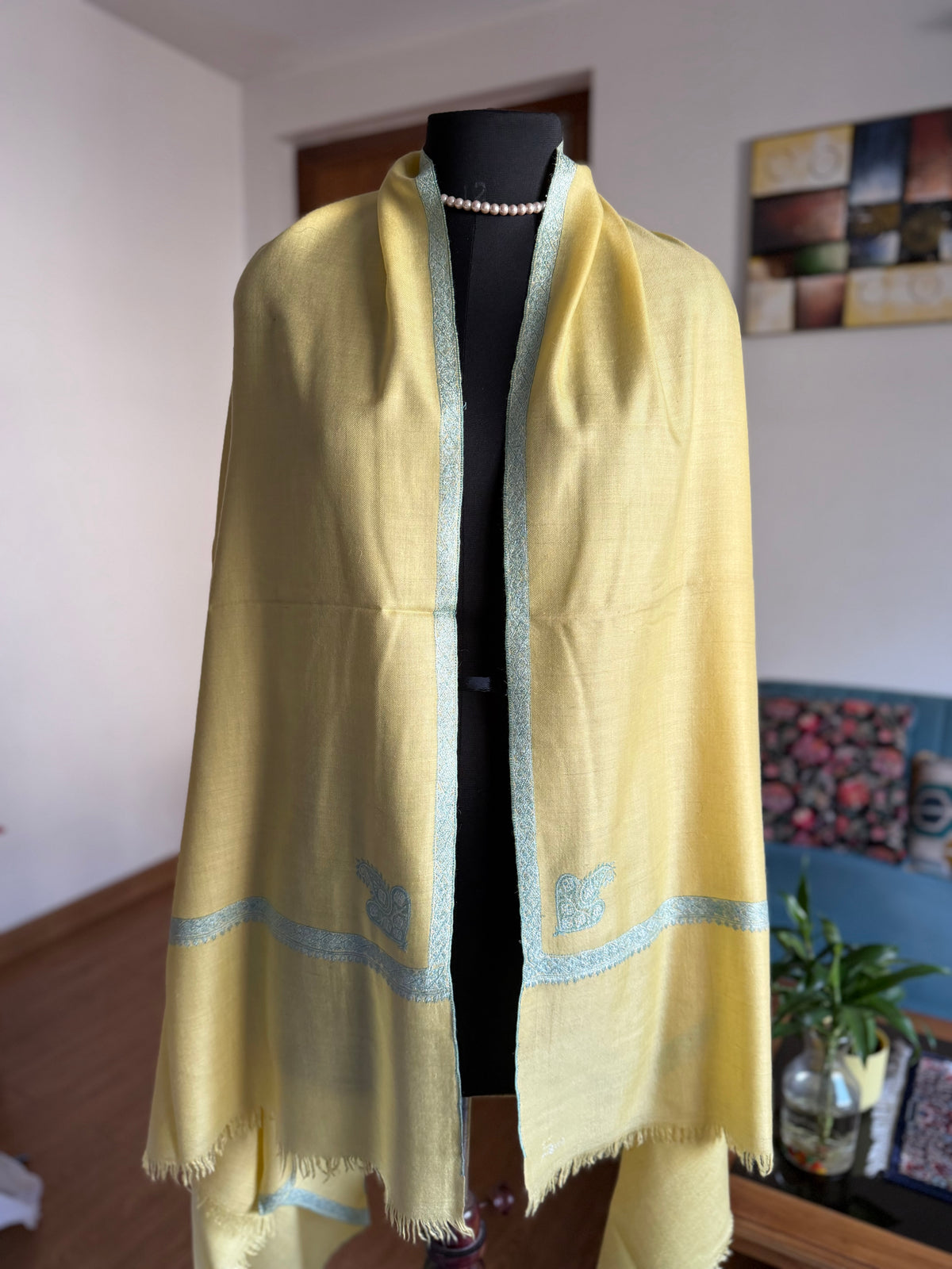 Pashmina Handloom Mustard sozni Embroidery shawl 101 x 204 Cm