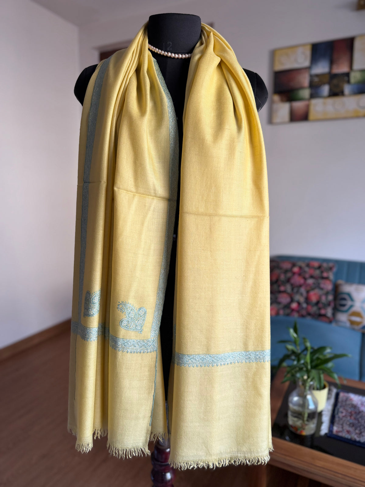 Pashmina Handloom Mustard sozni Embroidery shawl 101 x 204 Cm