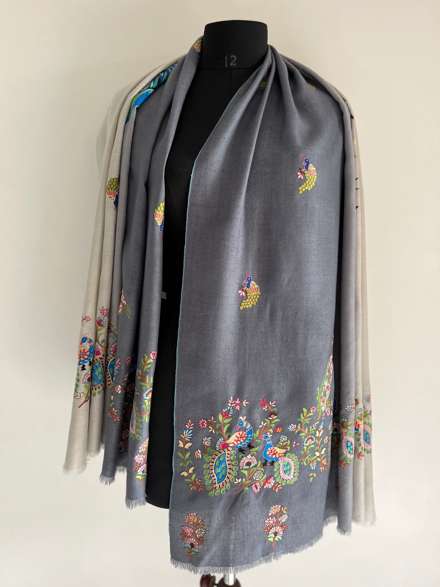 Pashmina ombre Shades of Grey Peacock Kalmkari Hand embroidery shawl