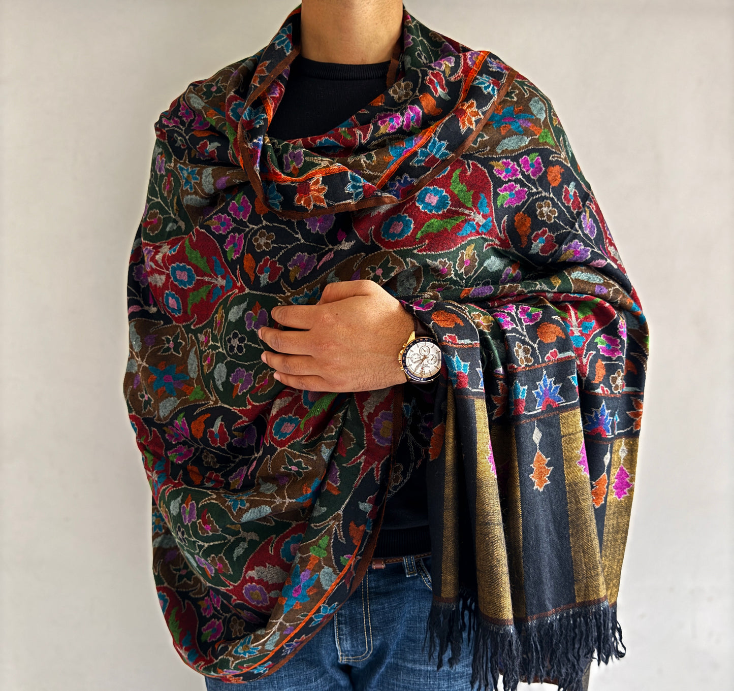 Kani Gulzar Jamawar Hand Woven Pashmina Large Shawl Black