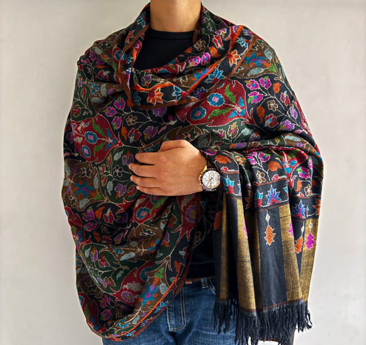 Kani Gulzar Jamawar Hand Woven Pashmina Large Shawl Black