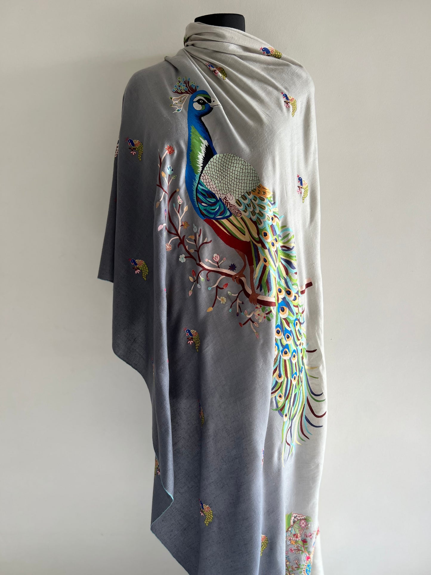 Pashmina ombre Shades of Grey Peacock Kalmkari Hand embroidery shawl