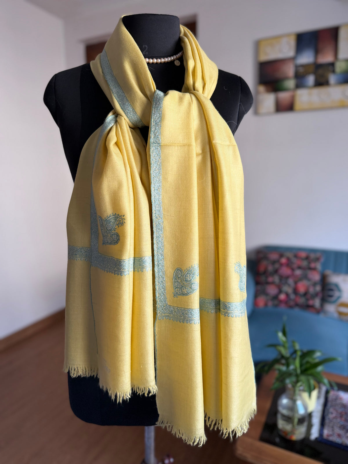 Pashmina Handloom Mustard sozni Embroidery shawl 101 x 204 Cm