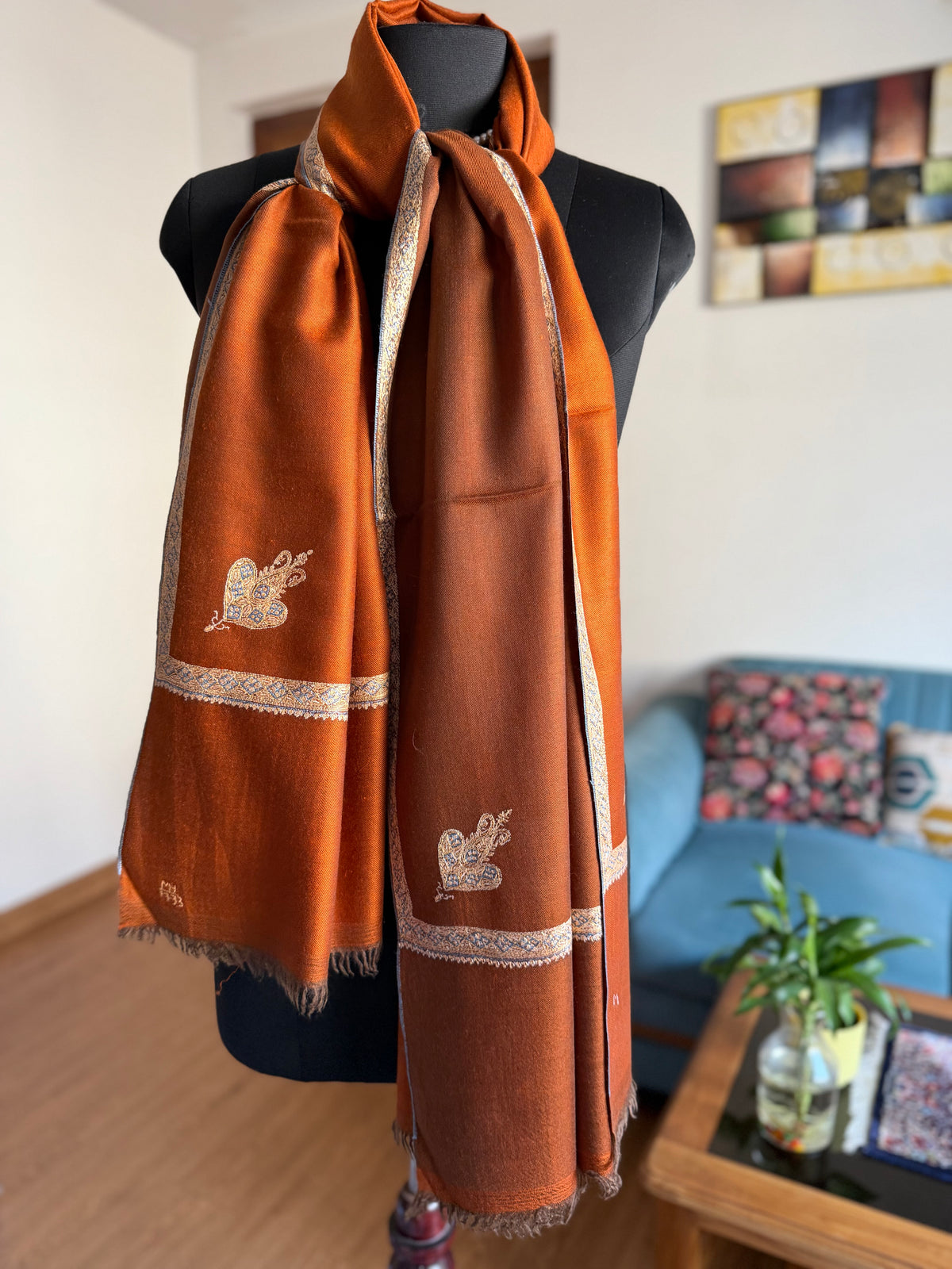 Pashmina Handloom Dual tone sozni Hand  Embroidery shawl 101 x 204 Cm