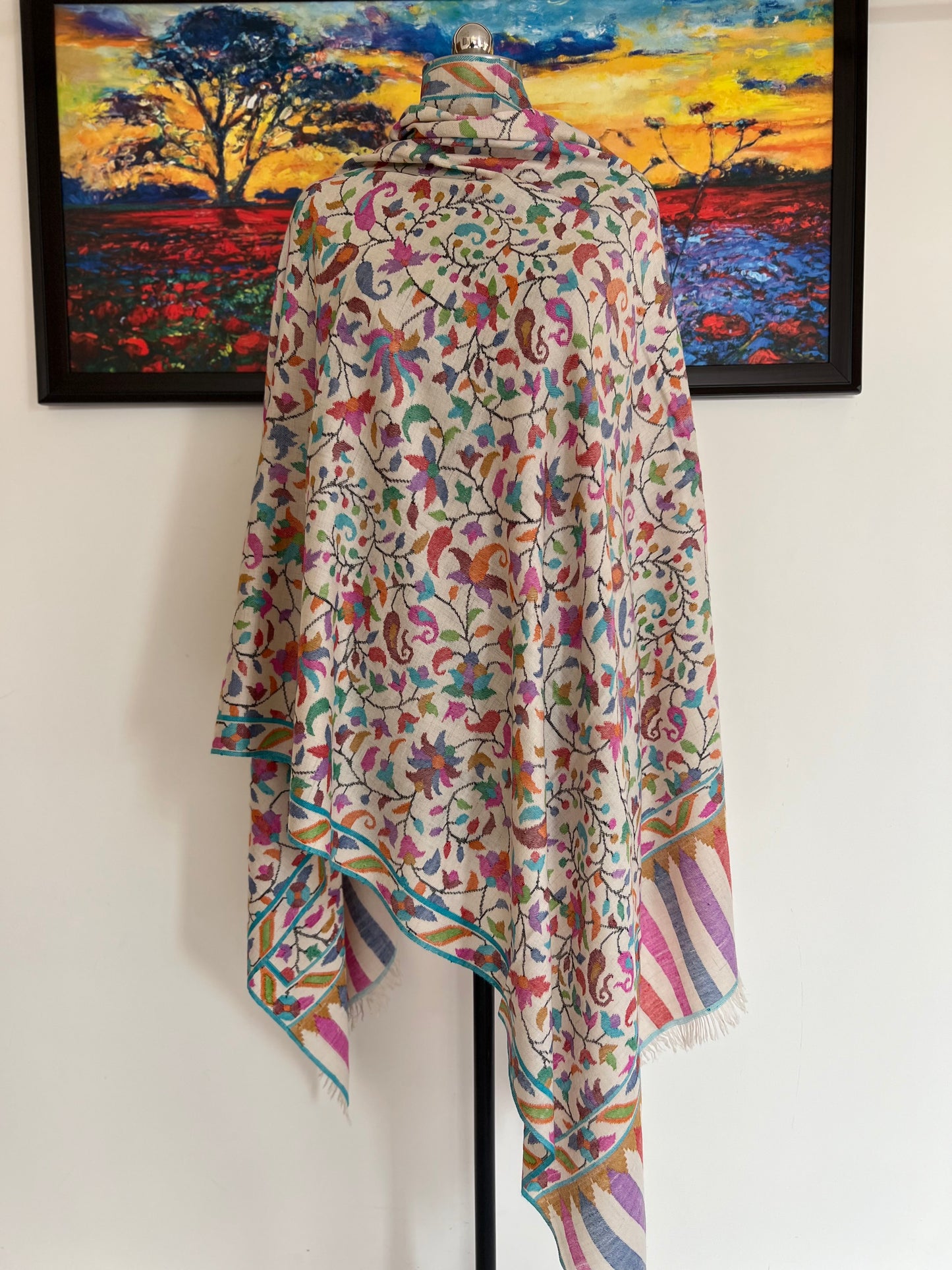 Kani Jamawar Shawl – Pure Handloom Pashmina Ivory