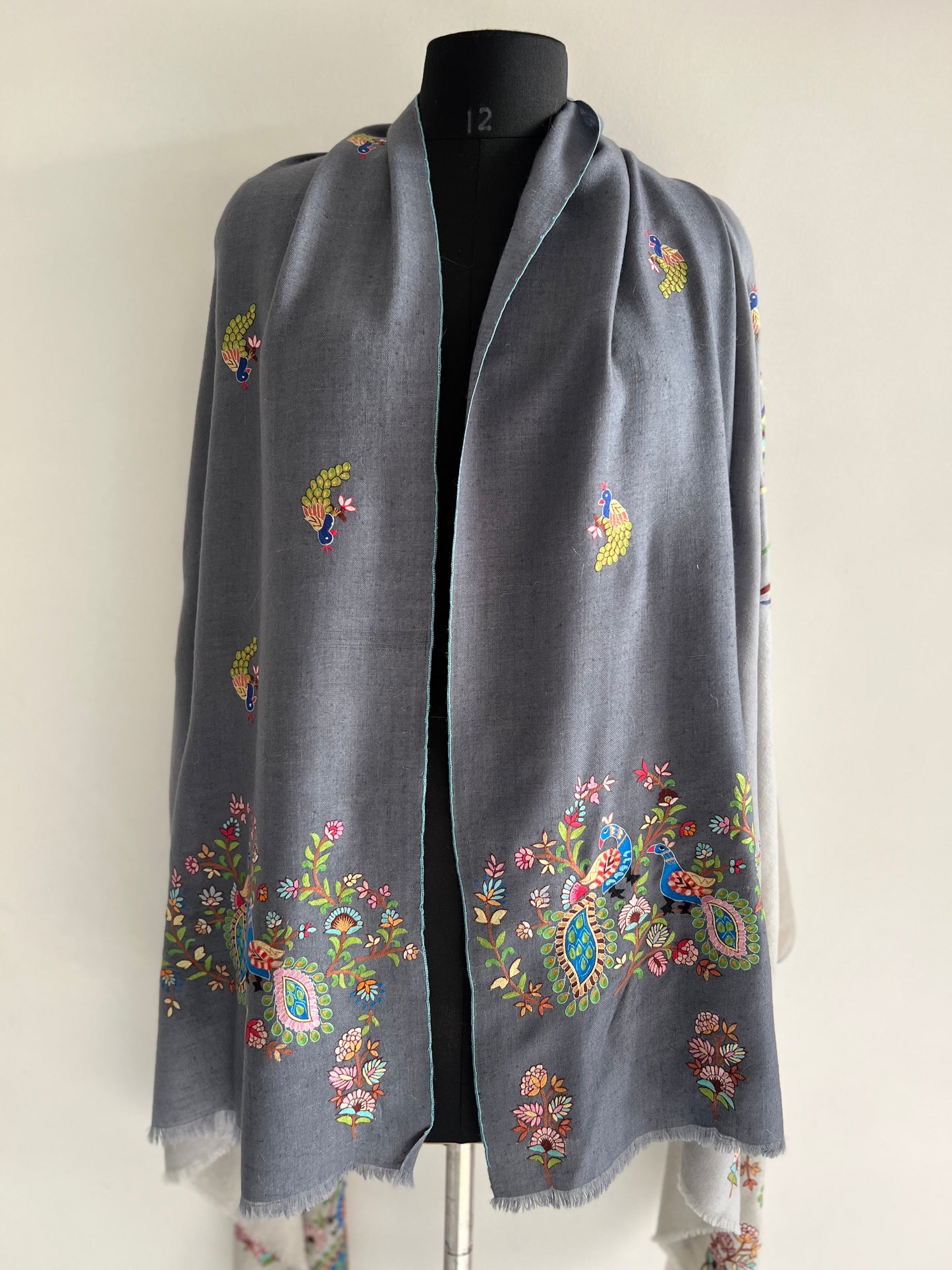 Pashmina ombre Shades of Grey Peacock Kalmkari Hand embroidery shawl