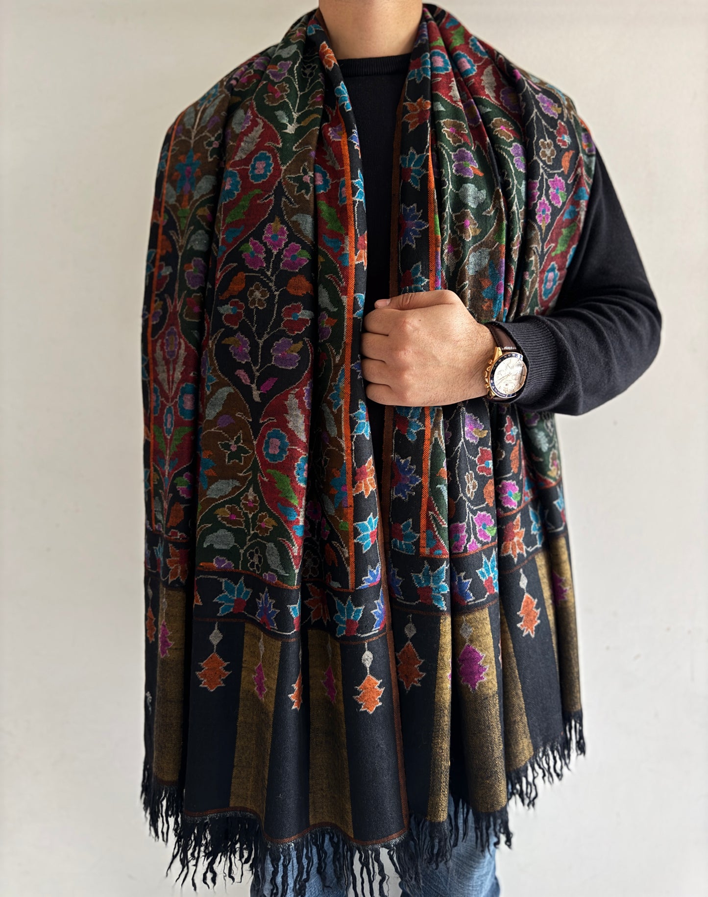 Kani Gulzar Jamawar Hand Woven Pashmina Large Shawl Black